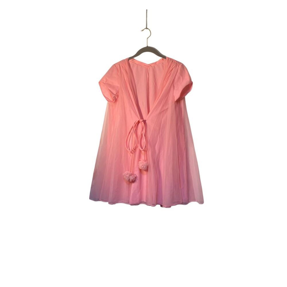 Vtg Lucie Ann lingerie 1950s pink chiffon, pom-pom short robe S